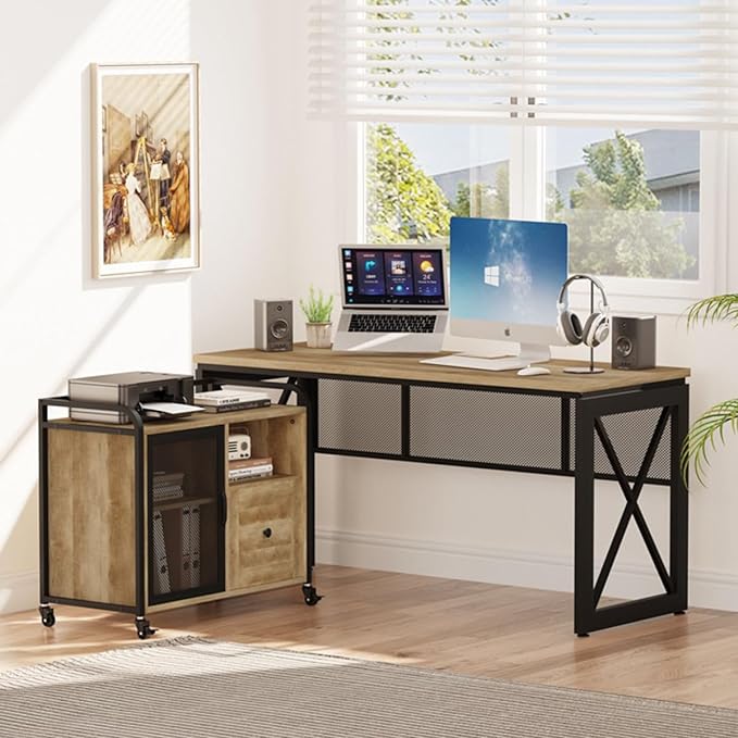 BON AUGURE Filing Cabinet for Home Office, Lateral File Cabinet with Drawer for Letter/ A4 Size, Mobile Printer Stand with Open Storage (Vintage Oak)
