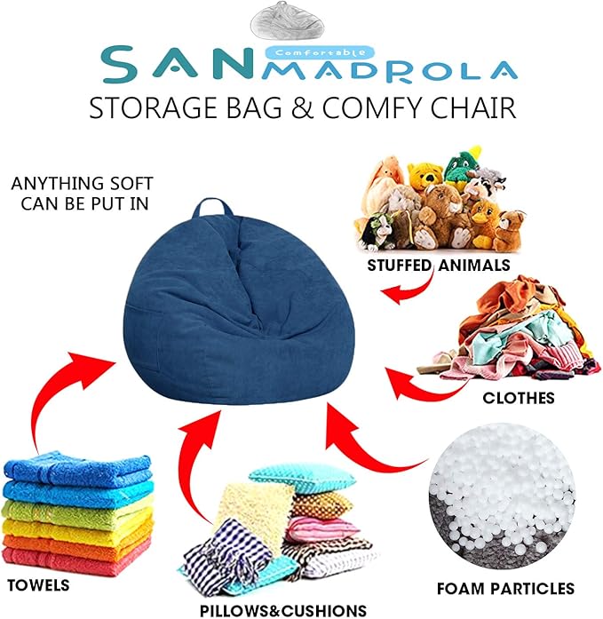 Stuffed Animal Storage Bean Bag Chair Cover for Kids and Adults (No Filler).Soft Premium Corduroy Stuffable Beanbag for Organizing Children Plush Toys or Memory Foam Large 300L(DarkBule)
