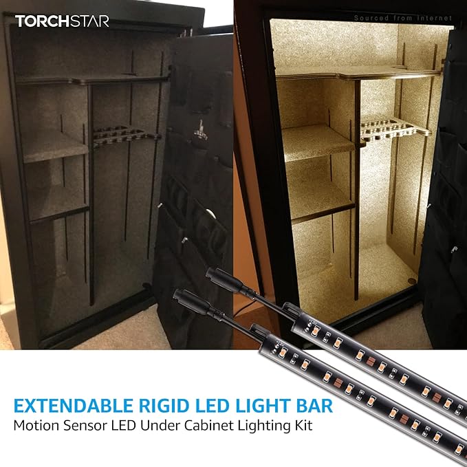 TORCHSTAR LED Safe Lighting Kit, (6) 12 Inch Linkable Light Bars + Motion Sensor + UL Power Adapter, 900LM, Input 100-240V, for Under Cabinet Gun Safe Locker Closet Showcase, 3000K Warm White