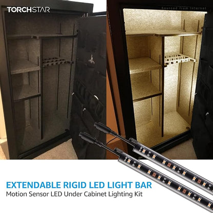 TORCHSTAR LED Safe Lighting Kit, (6) 12 Inch Linkable Light Bars + Motion Sensor + UL Power Adapter, 900LM, Input 100-240V, for Under Cabinet Gun Safe Locker Closet Showcase, 3000K Warm White