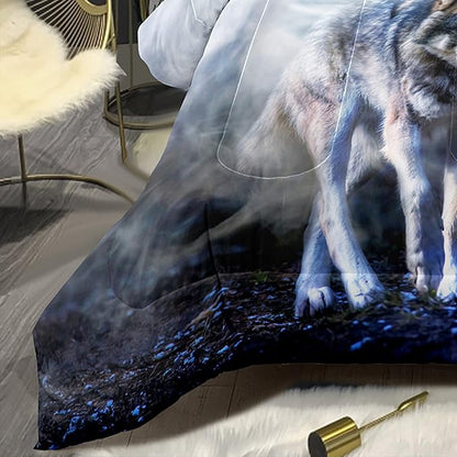 Bodhi Wild Wolf Comforter Set King for Boys,Mens Wolf Bedding Set, Wolf Standing in The Forest Surrounded by Fog, Wolf Comforter with Matching Pillowcases, 1 Comforter+2 Pillow Shams #4018