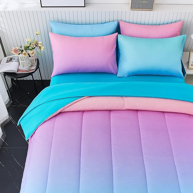 inron Rainbow Kids Comforter Sets for Girls Women,Full Size 5-Pieces Bed in a Bag, Ultra Soft Microfiber Comforter and Sheet Sets, All Season Durable Bedding Set(Rainbow,Full)