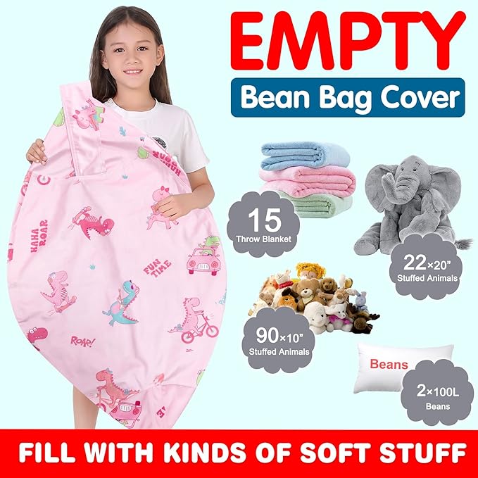 Lukeight Stuffed Animal Storage Bean Bag Chair Cover for Kids, Dinosaur Zipper Beanbag Chair Cover for Organizing Toddler & Kids' Rooms Plush Toys (Dino Pink, X-Large)