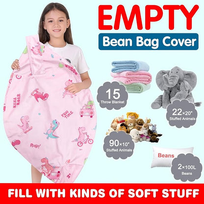 Lukeight Stuffed Animal Storage Bean Bag Chair Cover for Kids, Dinosaur Zipper Beanbag Chair Cover for Organizing Toddler & Kids' Rooms Plush Toys (Dino Pink, X-Large)