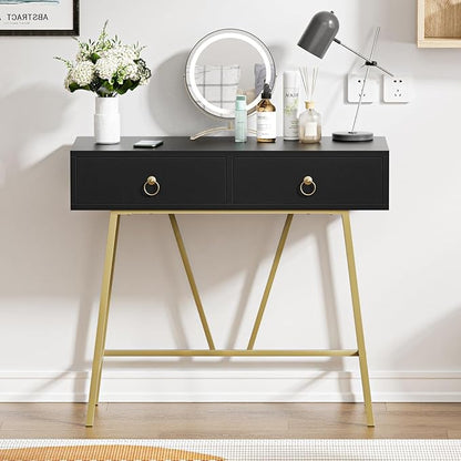 Anmytek Home Office Desk Black Writing Desk with 2 Drawers Modern & Simple Makeup Vanity Study Table Small Computer Desk, D0007
