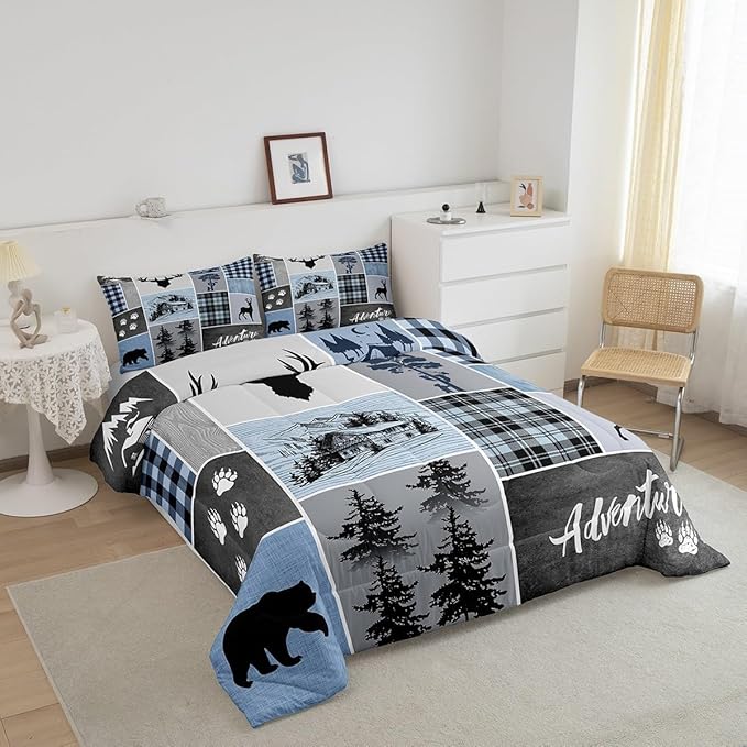 Manfei Deer Antler Comforter Set King Size,Bear Paws Rustic Farmhouse Xmas Bedding Set for Kids Boys Girls Adults Room Decor,Plaids Patchwork Adventure Down Comforter,Blue Duvet Insert,2 Pillowcases