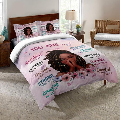 Kids Comforter Sets Full Size, Prayer Girl and African American Girl Inspirational Quotes with Floral Butterfly, Teens Bedding Sets for Girls Women (Full, Pink White)