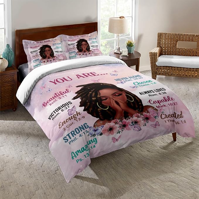 Kids Comforter Sets Queen Size, Prayer Girl and African American Girl Inspirational Quotes with Floral Butterfly, Teens Bedding Sets for Girls Women (Queen, Pink White)