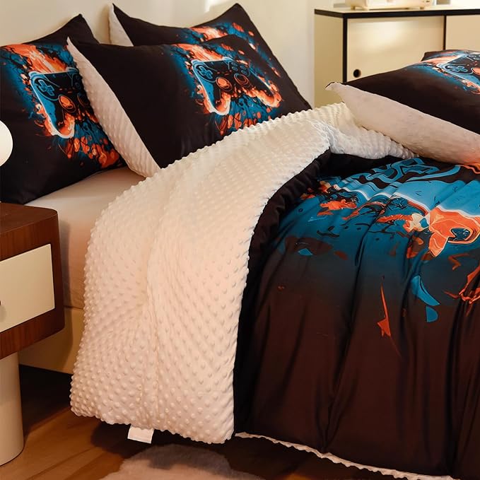 Video Game Full Size Comforter Set for Boys Kids Teens Gamepad Gaming Controller and Fire Pattern Bedding Set- 3 Piece Quilt with 2 Pillowcases (80"x90")
