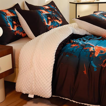 Video Game Full Size Comforter Set for Boys Kids Teens Gamepad Gaming Controller and Fire Pattern Bedding Set- 3 Piece Quilt with 2 Pillowcases (80"x90")