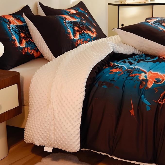 Video Game Twin Size Comforter Set for Boys Kids Teens Gamepad Gaming Controller and Fire Pattern Bedding Set- 3 Piece Quilt with 2 Pillowcases (68"x90")