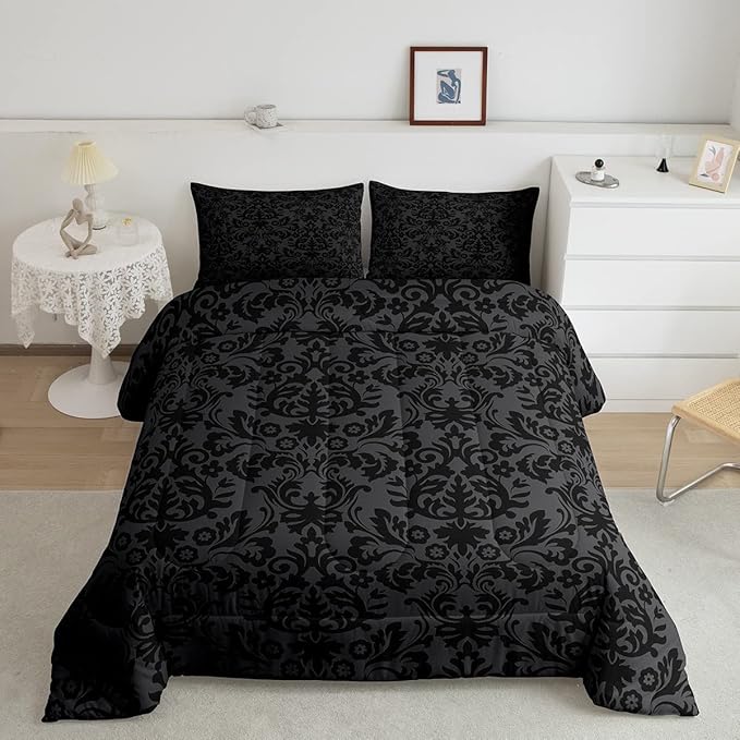 Erosebridal Adults Black Damask Bedding Set Antique Victorian Baroque Down Comforter Twin Gothic Vintage Floral Comforter Set Bohemian Exotic Bedding Quilted Bedroom Decor 1 Pillow Case