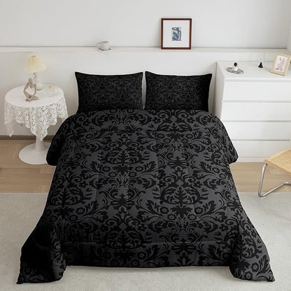 Erosebridal Adults Black Damask Bedding Set Antique Victorian Baroque Down Comforter Twin Gothic Vintage Floral Comforter Set Bohemian Exotic Bedding Quilted Bedroom Decor 1 Pillow Case
