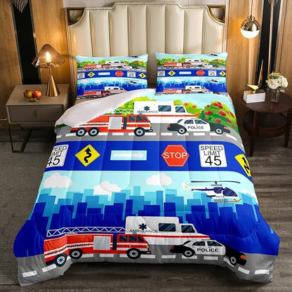 Kids Fire Trucks Car Comforter Set King Size Cartoon Police Car Down Comforter Airplane Ambulance Rescue Vehicles Beding Set Boys Girls Car Room Decor Soft Lightweight Duvet Set, Colorful Comforter