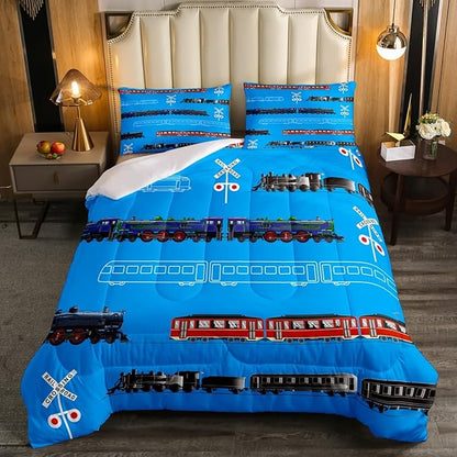 Feelyou Boys Train Twin Size Comforter Set Cartoon Car Toddler Bedding Set for Kids Teens Vintage Car Track Comforter Red Blue Black Decor Quilt Set Room 2Pcs