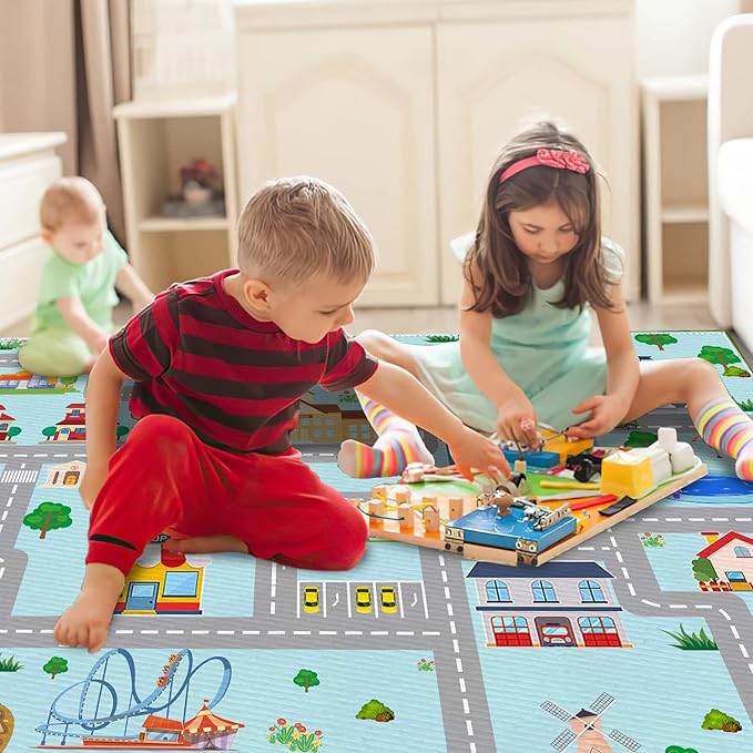 Kids Car Rug, 3' 3" x 5' 3" City Life Traffic Road Playmat for Toy Cars Trains, Non-Slip Race Track Carpet Educational Fun Area Rugs for Boy and Girl Bedroom Nursery