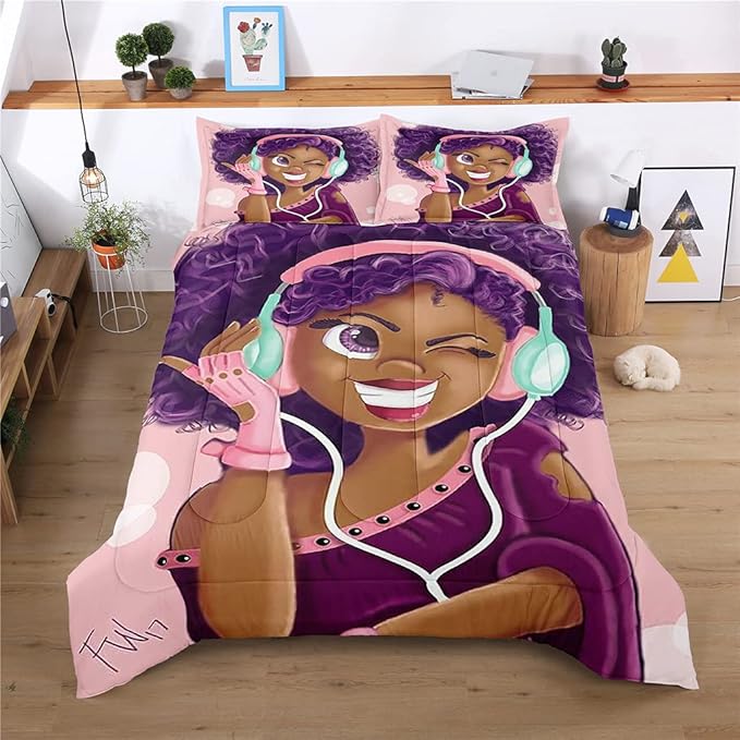 Twin Bedding Sets for Girls, Cute African American Black Girl Magic Comforter Set, Pink Bed Set for Toddler Kids Teenager, Gift for Little Girls Bedroom Decor, 1 Comforter with 2 Pillowcases