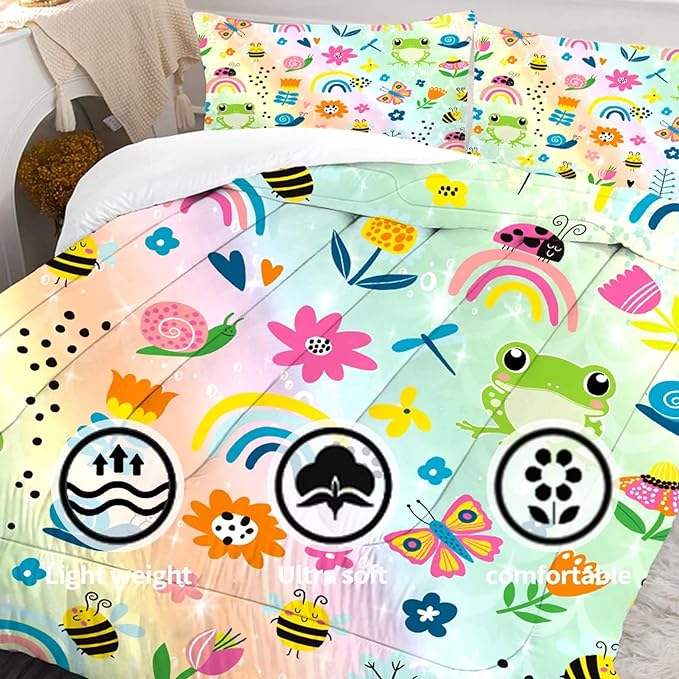 Rainbow Comforter Sets Full Size Cartoon Frogs Bedding Sets for Girls Kids Teens Boys Flowers Butterfly Bees Snails Insects Cute Kawaii Quilt 1 Comforter + 2 Pillow Cases