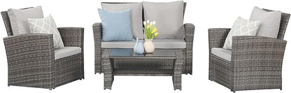 Wisteria Lane 4 Piece Outdoor Patio Furniture Sets, Wicker Conversation Set for Porch Deck, Gray Rattan Sofa Chair with Cushion