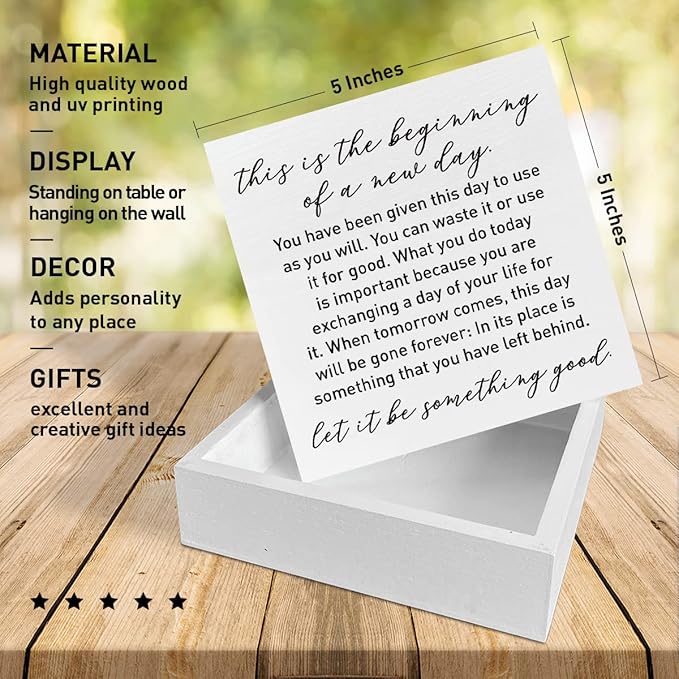 Home Office Desk Wooden Box Sign Decor, This Is The Beginning of A New Day, Inspirational Quotes Desk Decor Motivational Desk Decorations for Women Men Student Office Classroom School