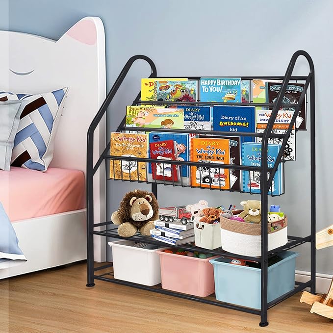 aboxoo Metal Kids Bookshelf Black Large Freestanding for Children Room 32 in Toy Organizer Large Stable Bookcase Bookstore Library Book Unit Storage Kids Bed Living Room