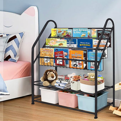 aboxoo Metal Kids Bookshelf Black Large Freestanding for Children Room 32 in Toy Organizer Large Stable Bookcase Bookstore Library Book Unit Storage Kids Bed Living Room