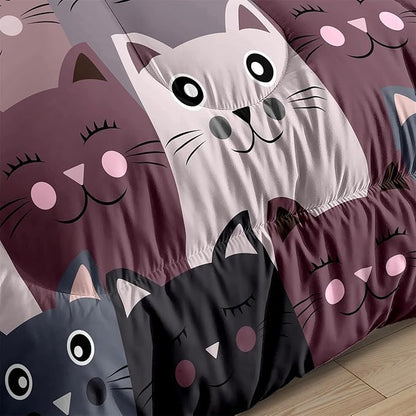 Cartoon Cat Bedding Set - 3Pcs Cute Cat Comforter Set for Bedroom Kids Boys Girls Cat Bedding Decor for All-Season Kawaii Kitten Pattern Lovely Animal 1 Cat Comforter with 2 Pillowcases, Queen Size