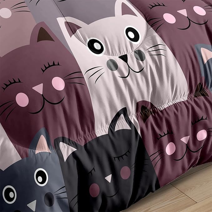 Cat Twin Comforter Set for Bedroom - 2Pcs Grey Cat Comforter Set for Teens Kids Cute Cartoon Cat Bedding Set Ultra Soft Warm Lightweight Kawaii Animal Patterns Comforter with Pillowcase