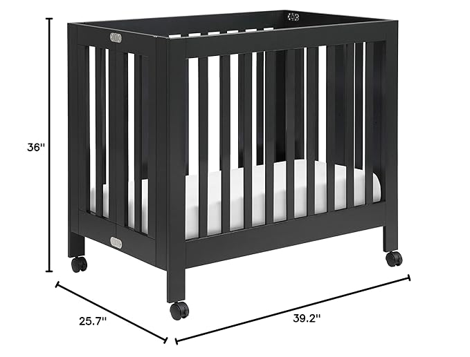 Babyletto Origami Mini Portable Folding Crib with Wheels in Black, 2 Adjustable Mattress Positions, Greenguard Gold Certified