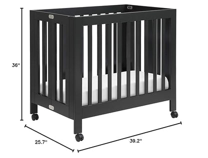 Babyletto Origami Mini Portable Folding Crib with Wheels in Black, 2 Adjustable Mattress Positions, Greenguard Gold Certified