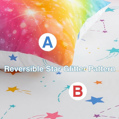 A Nice Night 6Pcs Gradient Glitter Bedding Set for Girls, Colorful Rainbow Galaxy Comforter Set, Ultra Soft Bedding Sets (Multi,Queen 6Pcs)