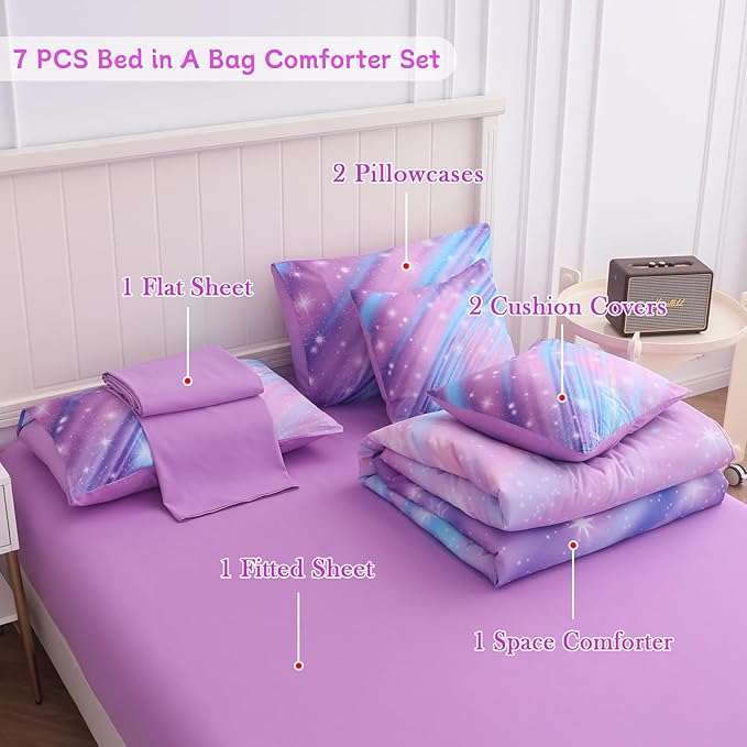 Twin Comforter Set for Girls Galaxy Bedding 7pieces, Ombre Bedding Comforter Sets Rainbow Comforter, Glitter Bedding Twin Teen Comforter Sets for Girls (Twill Rainbow)