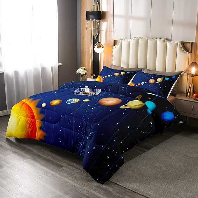 Erosebridal Solar System Comforter Set Twin Outer Space Bedding Set for Kids Boys Teens Universe Planets Down Comforter Galaxy Nebula Starry Sky Cosmos Quilted Duvet, Blue Purple