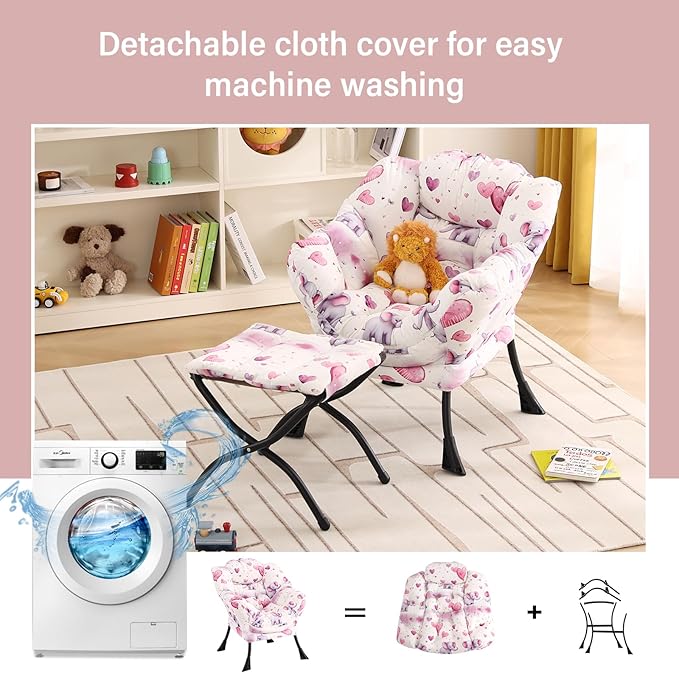 Welnow Toddler Kids Lazy Chair with Ottoman, Glow in The Dark Accent Comfy Lounge Children Armchair Couch with Removable Cover, Detachable Reading Chair with Footrest for Boy or Girl, Pink Elephant