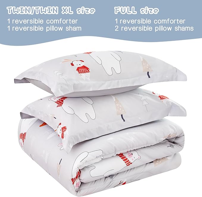 Kids Christmas Comforter Set Full for Boys Girls, Cute Reversible Quilted Bear Snowmen Reindeer Bunny Printed Bedding Set with Pillow Sham, Lightweight Soft Breathable Washable Bed Set 3 Piece