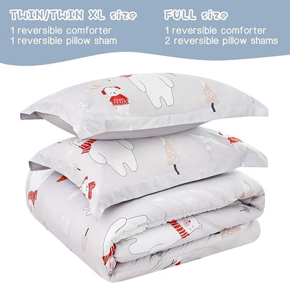 Kids Christmas Comforter Set Full for Boys Girls, Cute Reversible Quilted Bear Snowmen Reindeer Bunny Printed Bedding Set with Pillow Sham, Lightweight Soft Breathable Washable Bed Set 3 Piece