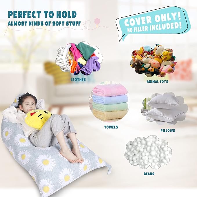 Stuffed Animal Storage Bean Bag Chair Cover, Canvas Daisy Plush Toy Storage Stuff and Sit Seat for Kids/Teens/Adults, 52" x 31" Extra Large Triangle Floor Sofa Lounger, 200L/52Gal, Cover Only