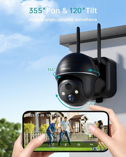 ZUMIMALL Security Cameras Wireless Outdoor - 2 Packs, 2.4G WiFi Battery Powered Cameras for Home Security, 360° View, Spotlight & Siren/PIR Detection/3MP Color Night Vision/2-Way Talk/IP66/Cloud