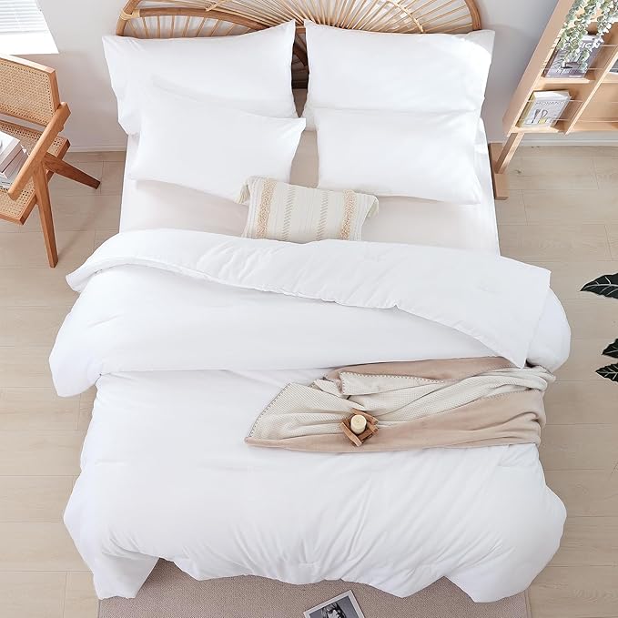 Queen Comforter Set White Comforter Boho Solid Color Bedding Comforter Set for All Season Soft lightweight Microfiber 3PCS Reversible Comforter Set (1 Comforter, 2 Pillowcases)