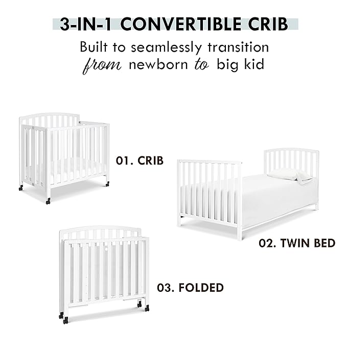 DaVinci Dylan Folding Portable 3-in-1 Convertible Mini Crib and Twin Bed in White, Greenguard Gold Certified