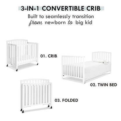 DaVinci Dylan Folding Portable 3-in-1 Convertible Mini Crib and Twin Bed in White, Greenguard Gold Certified