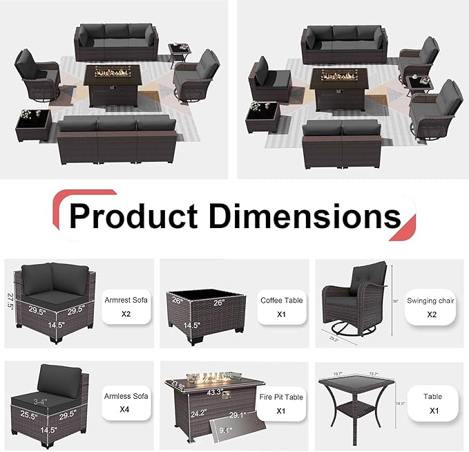 Patio Furniture Sectional Sofa Set 11-Pieces PE Rattan Swivel Rocking Chairs Patio Conversation Set w/43in Gas Fire Pit Table, Outdoor Furniture with 55000 BTU Propane Fire Pit, Grey