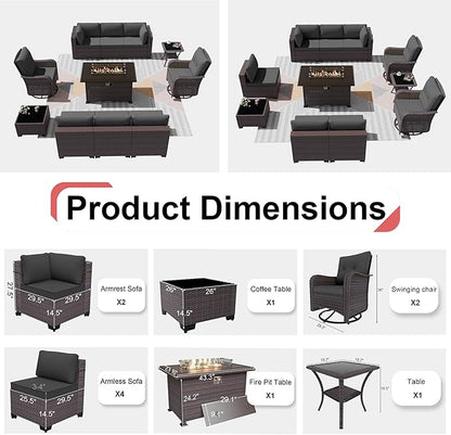 Patio Furniture Sectional Sofa Set 11-Pieces PE Rattan Swivel Rocking Chairs Patio Conversation Set w/43in Gas Fire Pit Table, Outdoor Furniture with 55000 BTU Propane Fire Pit, Grey