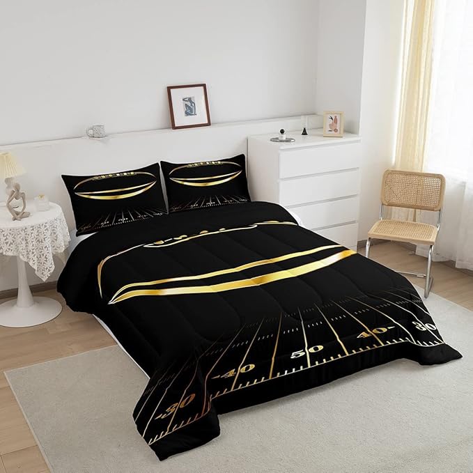 Feelyou Football Bedding Set King Kids Rugby Sports Comforter Set American Football Comforter Set for Boys Golden Black Room Decor Quilt with 2 Pillow Case Boys
