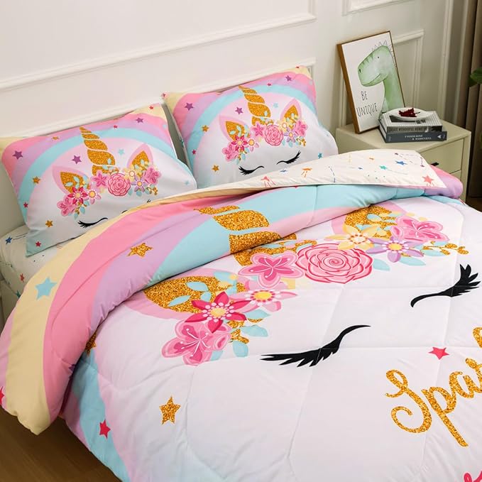 NTBED Unicorn Twin Comforter Set with Sheets,5 Pieces Kids Bedding Sets for Girls, Lightweight Microfiber Star Rainbow Bed in a Bag
