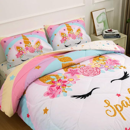 NTBED Unicorn Twin Comforter Set with Sheets,5 Pieces Kids Bedding Sets for Girls, Lightweight Microfiber Star Rainbow Bed in a Bag