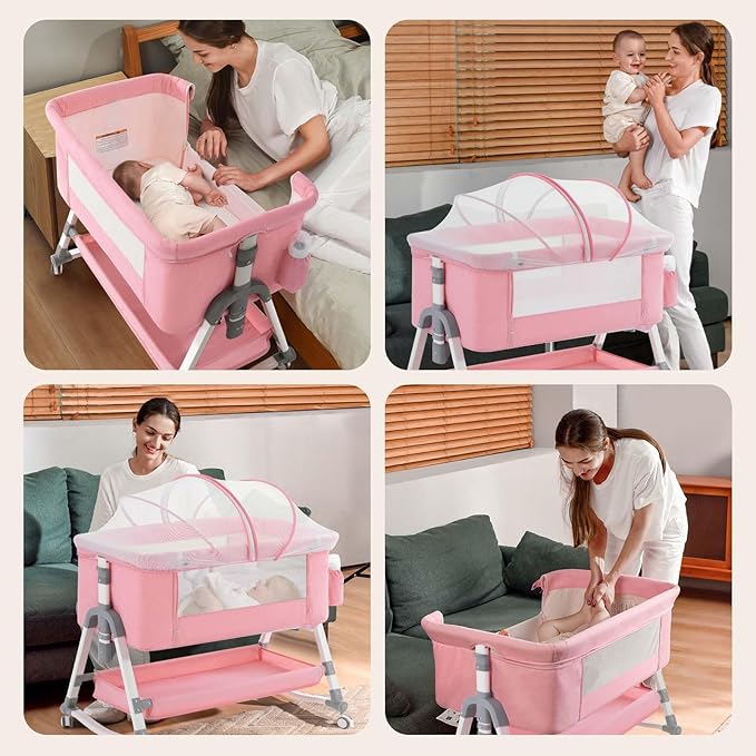 4 in 1 Baby Bassinet, Rocking Bassinets Bedside Sleeper with Comfy Mattress and Wheels, Height Adjustable Easy Folding Portable Bedside Crib for Newborn Infant,Pink