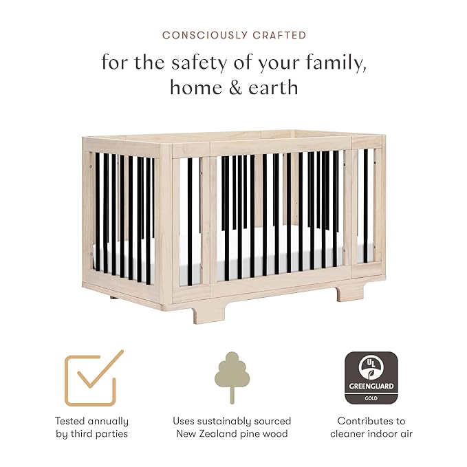Babyletto Yuzu Convertible All-Stages Bassinet, Midi, Full-Size Crib in Washed Natural with Black, Greenguard Gold Certified, Portable & Adjustable with Conversion Kits and Pads Included