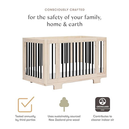 Babyletto Yuzu Convertible All-Stages Bassinet, Midi, Full-Size Crib in Washed Natural with Black, Greenguard Gold Certified, Portable & Adjustable with Conversion Kits and Pads Included