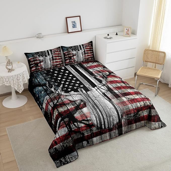 Feelyou American Flag Deer Antlers Bedding Set Hunting Camping Comforter Set for Kids Boys Girls USA Flag Comforter Tree Branch Inner Fill Duvet Set 1 Comforter Set with 2 Pillowcases King Size